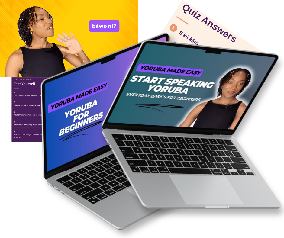 Yoruba for Beginners course mockup Yoruba Made Easy beginners course shown on laptop and tablet